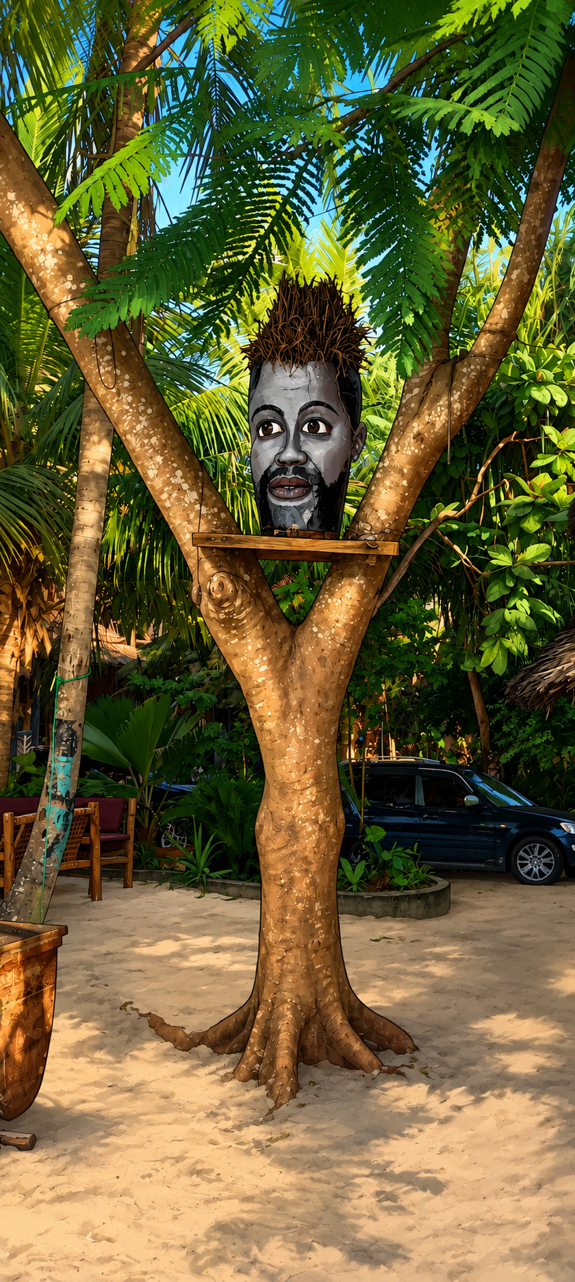 Carved totem beneath the jungle tree at Kaji Bange