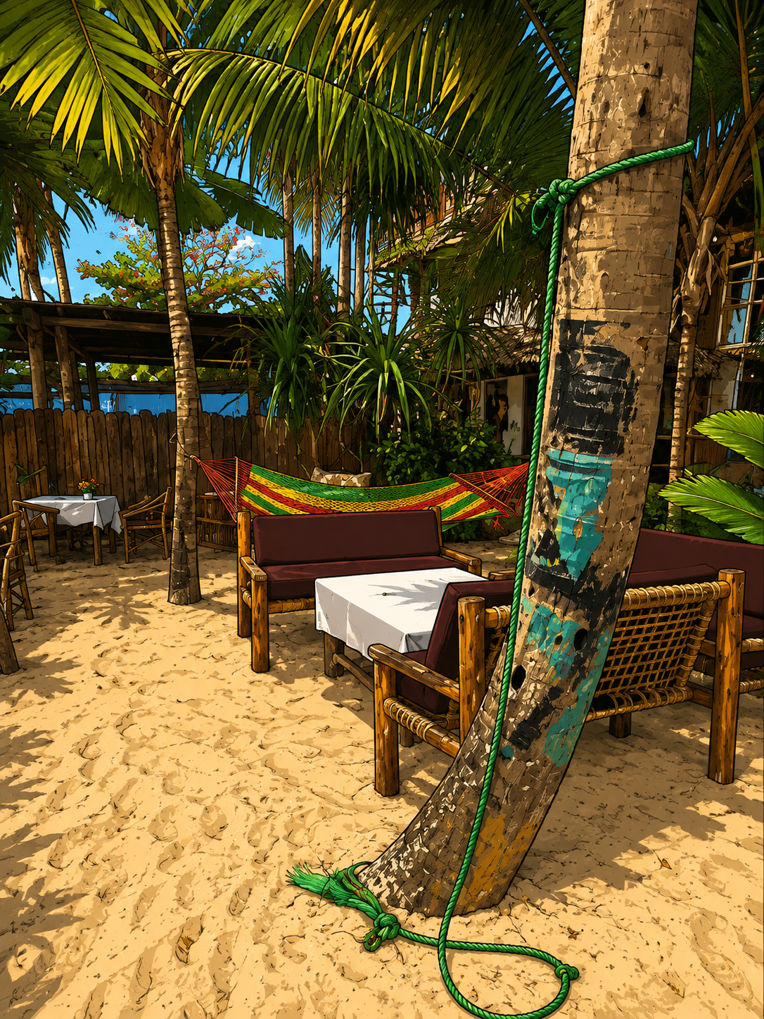 Sandy garden lounge with rasta hammock at Kaji Bange